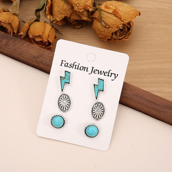 Lightning Bolt Western Boho Faux turquoise Blue stud style Silver Earrings - Picture 4 of 4